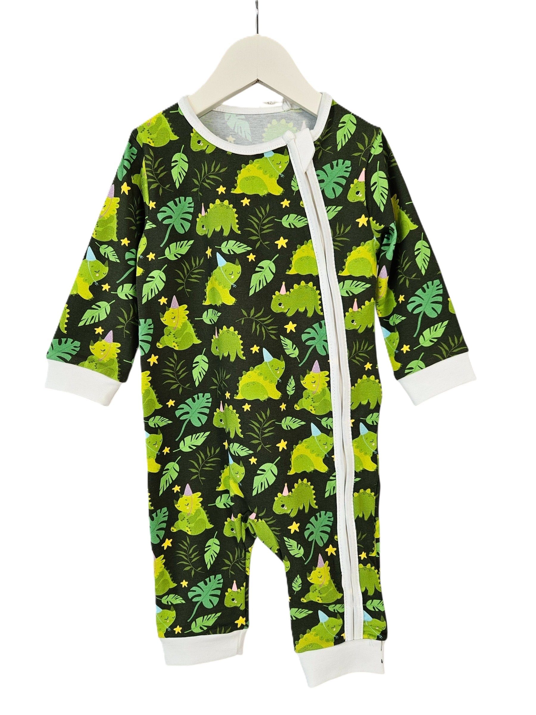 Ultra-Soft Baby Romper with Zipper "Green Dino" (Gentle Touch fabric)