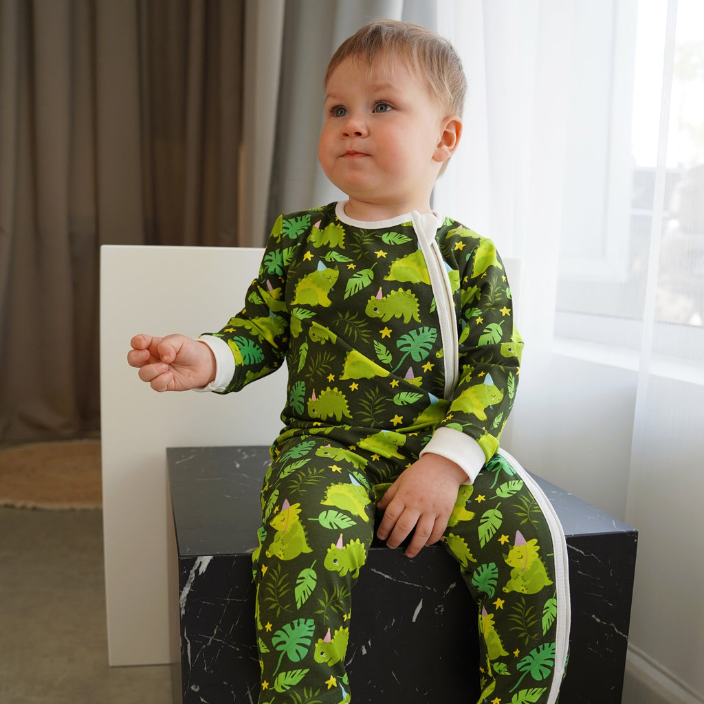 Ultra-Soft Baby Romper with Zipper "Green Dino" (Gentle Touch fabric)