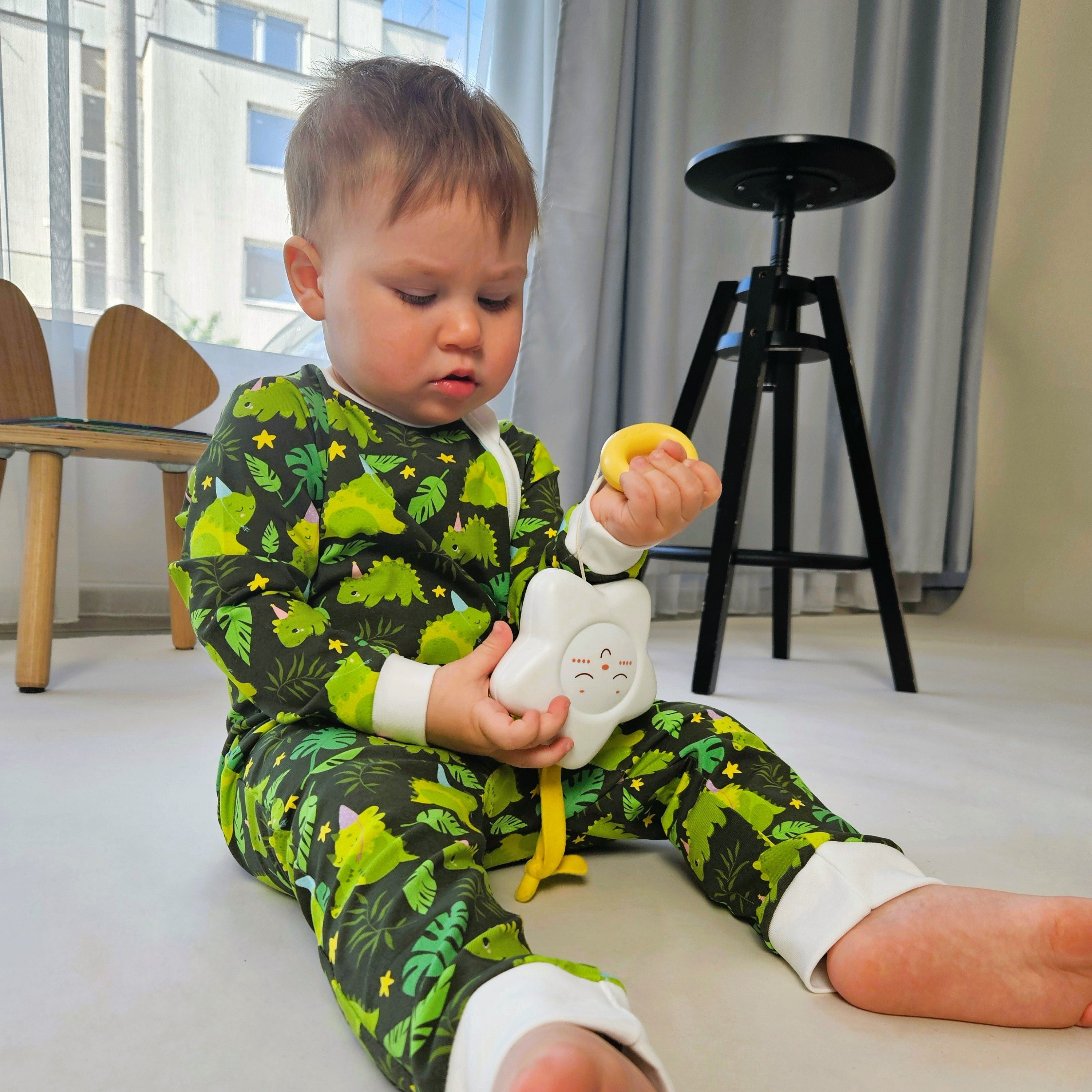Ultra-Soft Baby Romper with Zipper "Green Dino" (Gentle Touch fabric)