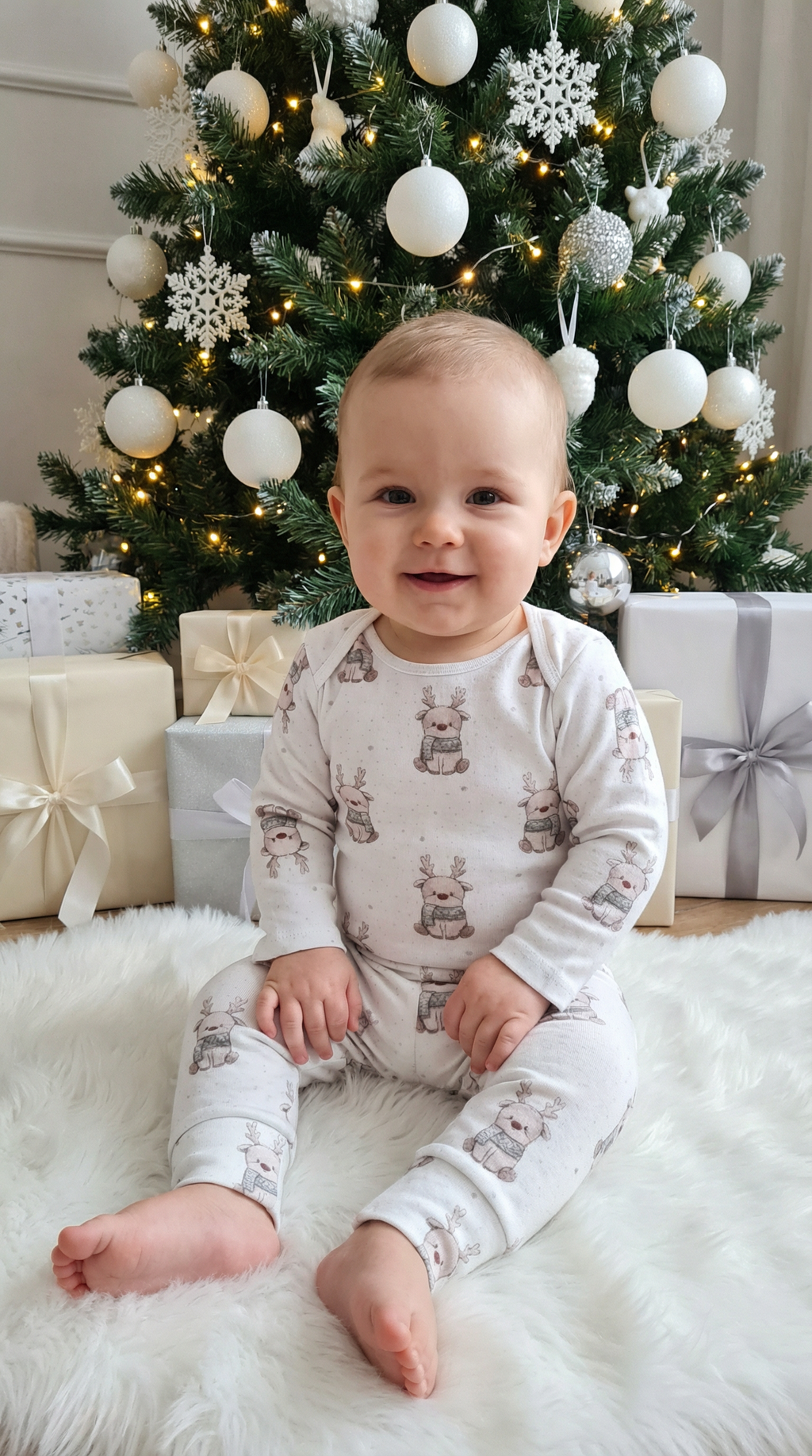 Baby in baby set sitting on a fluffy rug with a decorated Christmas tree in the background