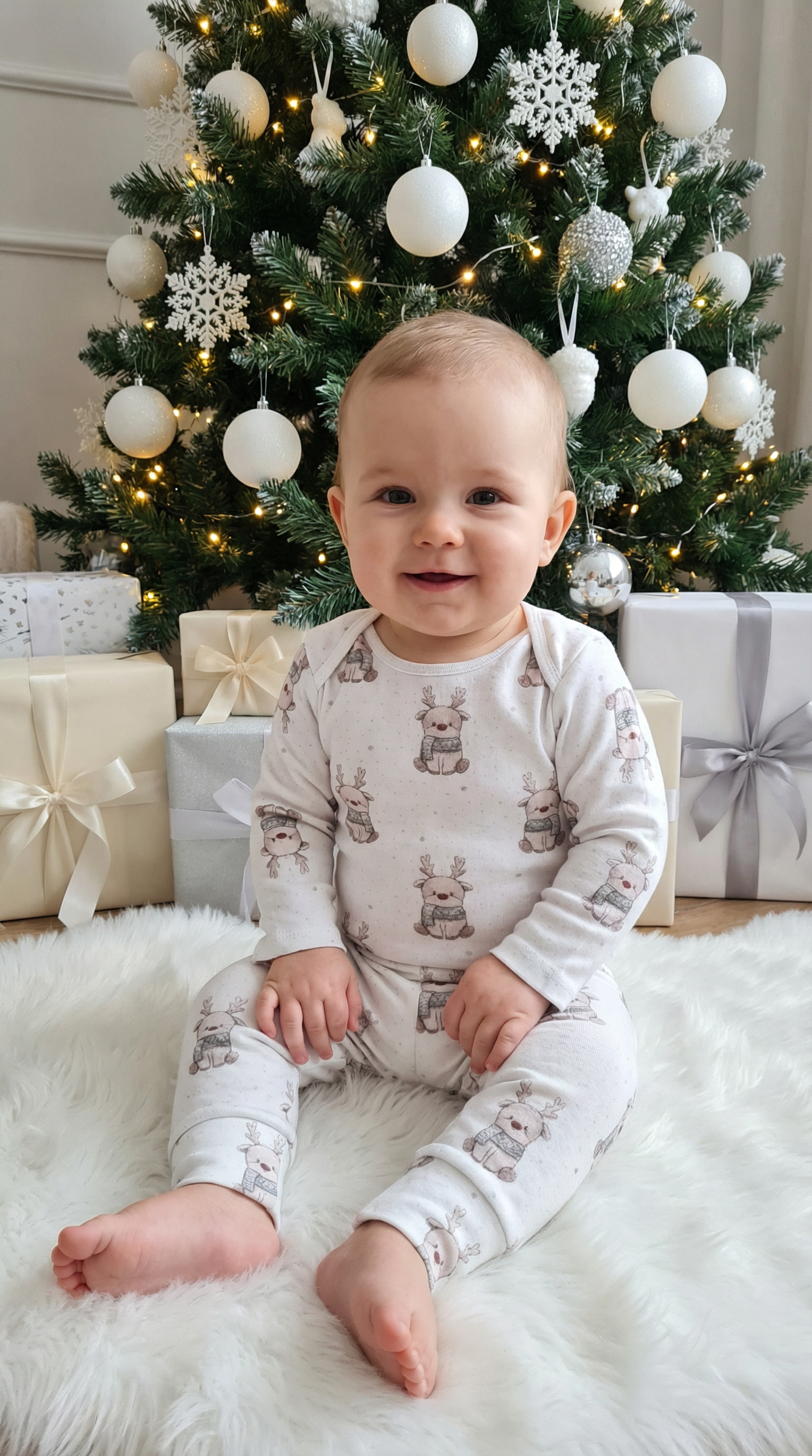 Baby in baby set sitting on a fluffy rug with a decorated Christmas tree in the background