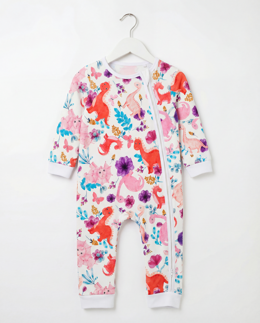 Baby Romper with 2-way zipper "Pink Dino" (Jersey fabric)