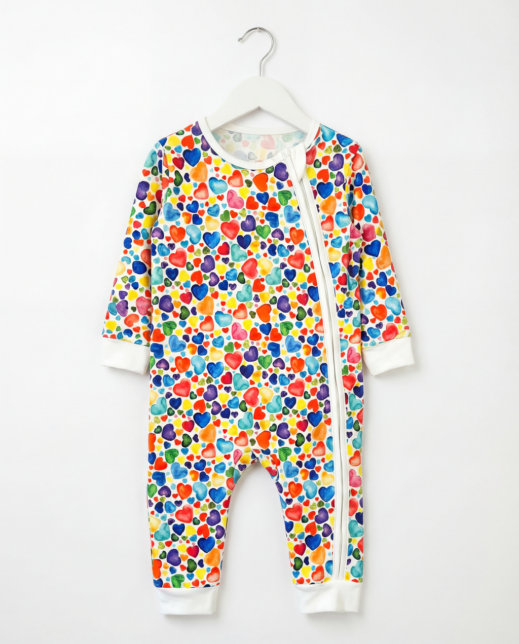 Baby Romper with 2-way zipper "Colorful Hearts" (Jersey fabric)