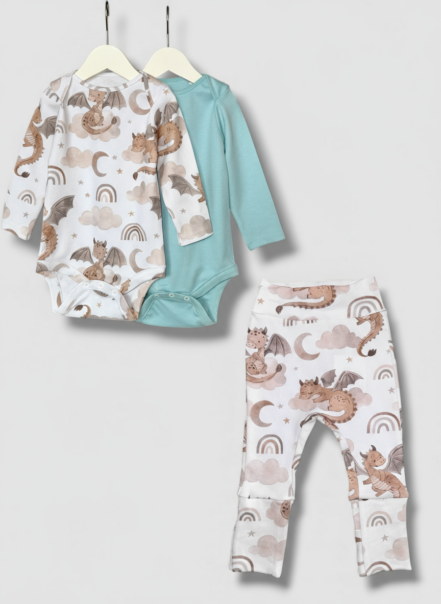 Baby set (2 bodysuit + 1 pants) "Dino" (Gentle Touch fabric)