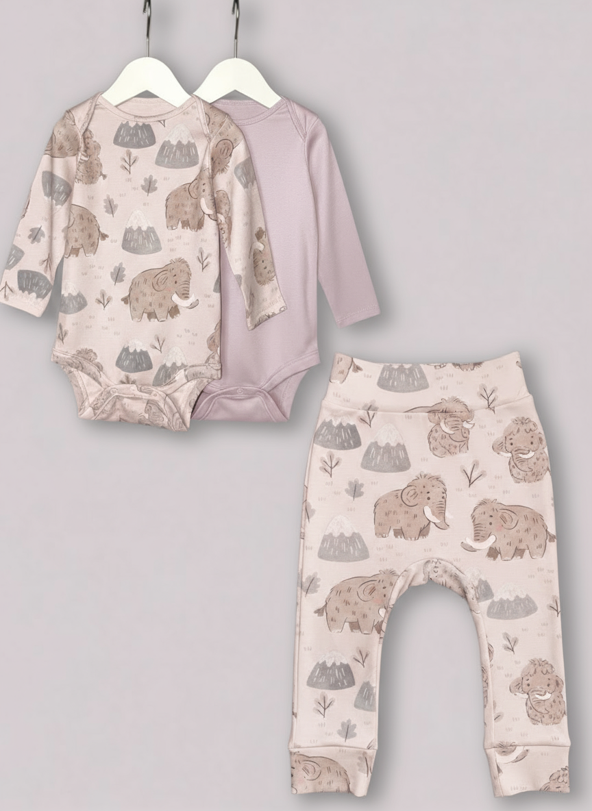 Baby set (2 bodysuit + 1 pants) "Mammoth" (Gentle Touch fabric)
