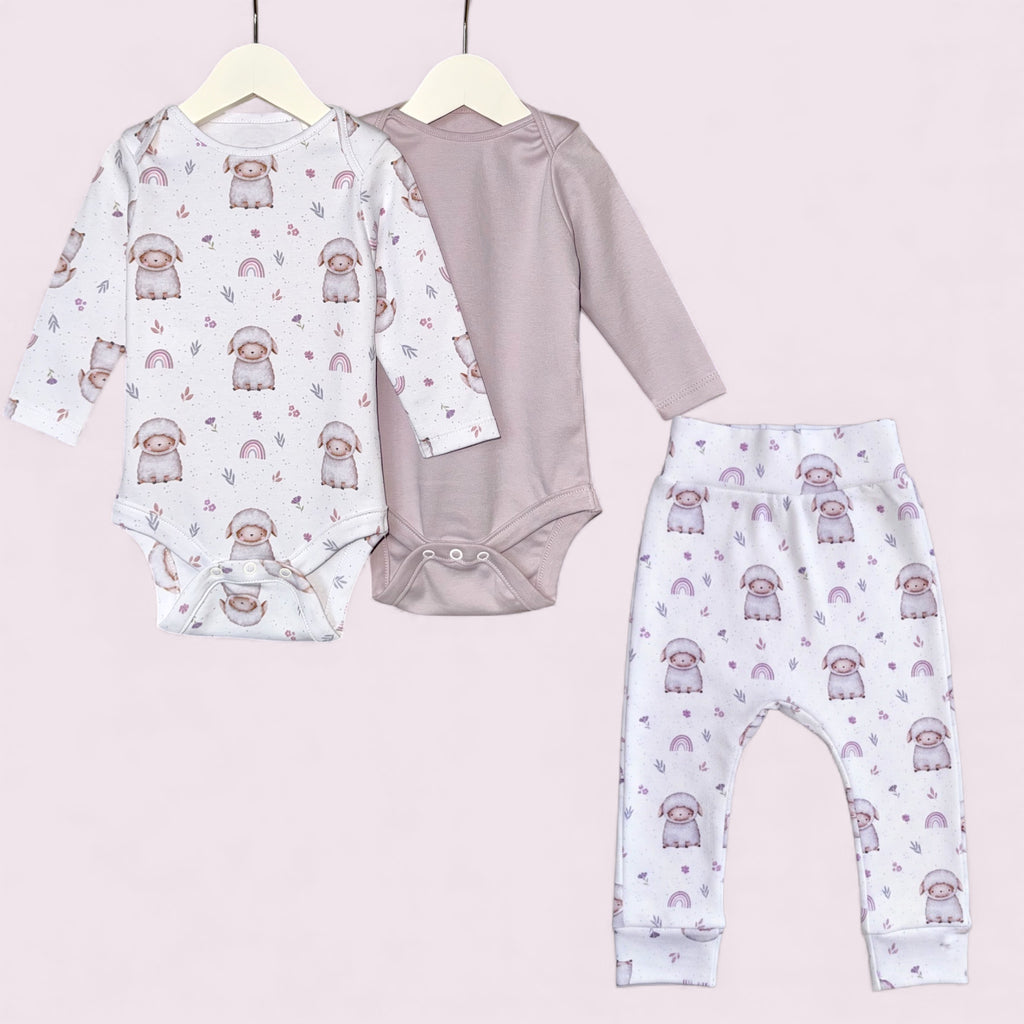Baby set (2 bodysuit + 1 pants) "Little sheep" (Gentle Touch fabric)