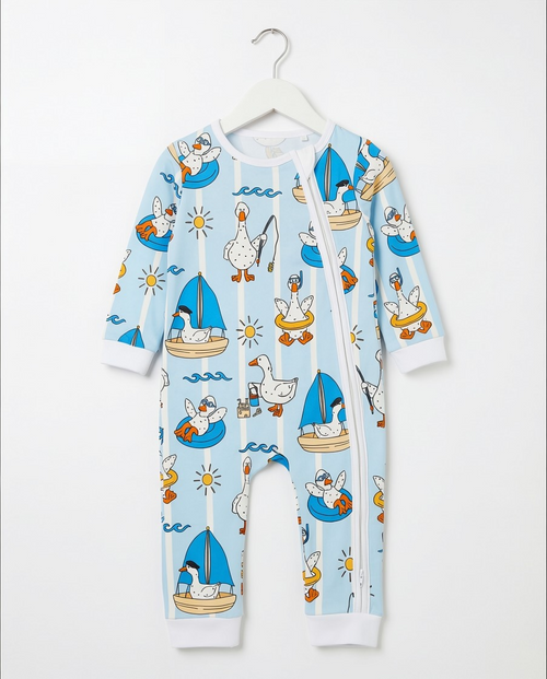 Baby Romper with 2-way zipper "Cheerful Geese" (Jersey fabric)