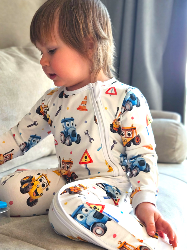 Baby Romper with 2-way zipper "Funny Tractors" (Jersey fabric)