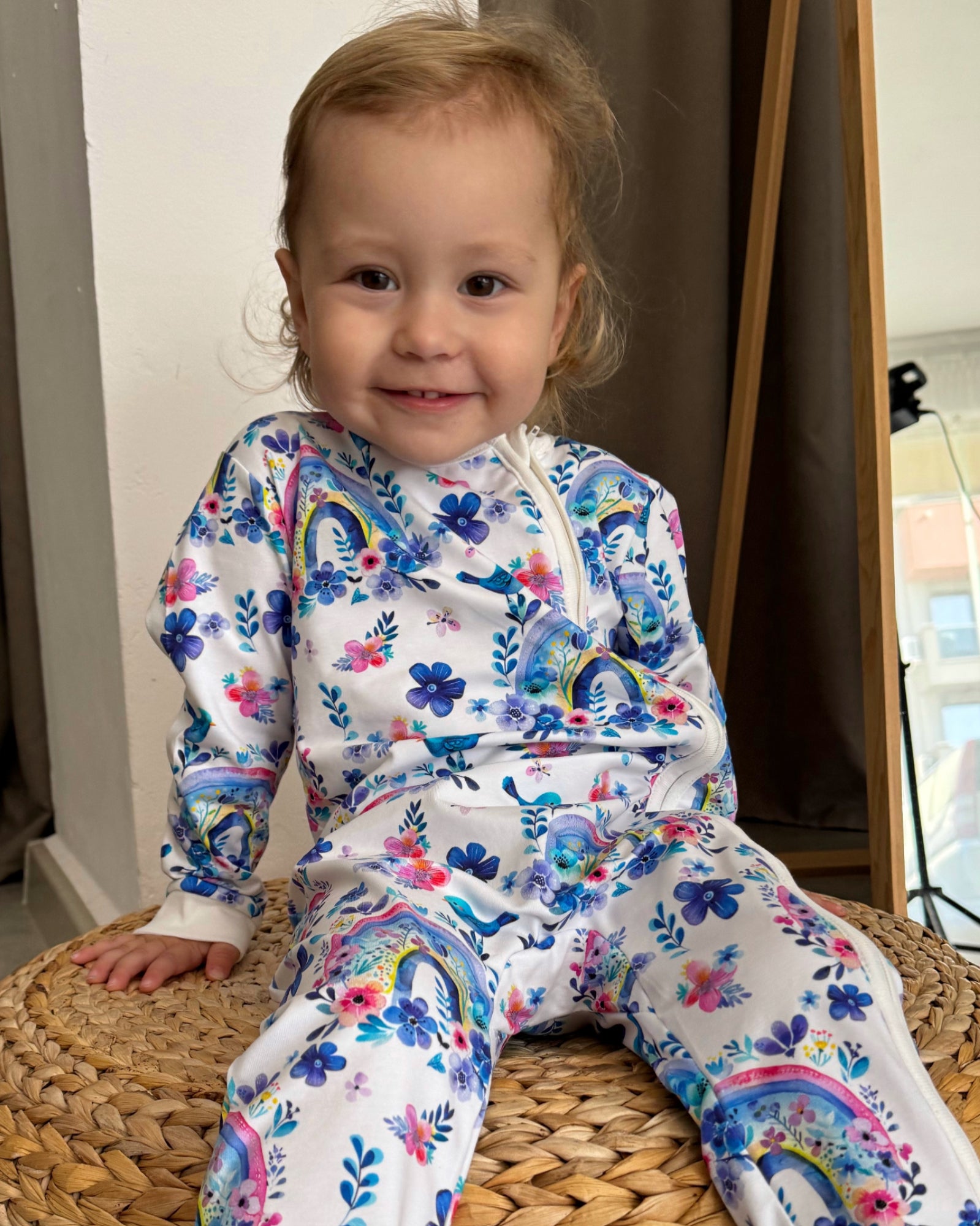 Ultra-Soft Baby Romper with Zipper "Blue Flower" (Gentle Touch fabric)